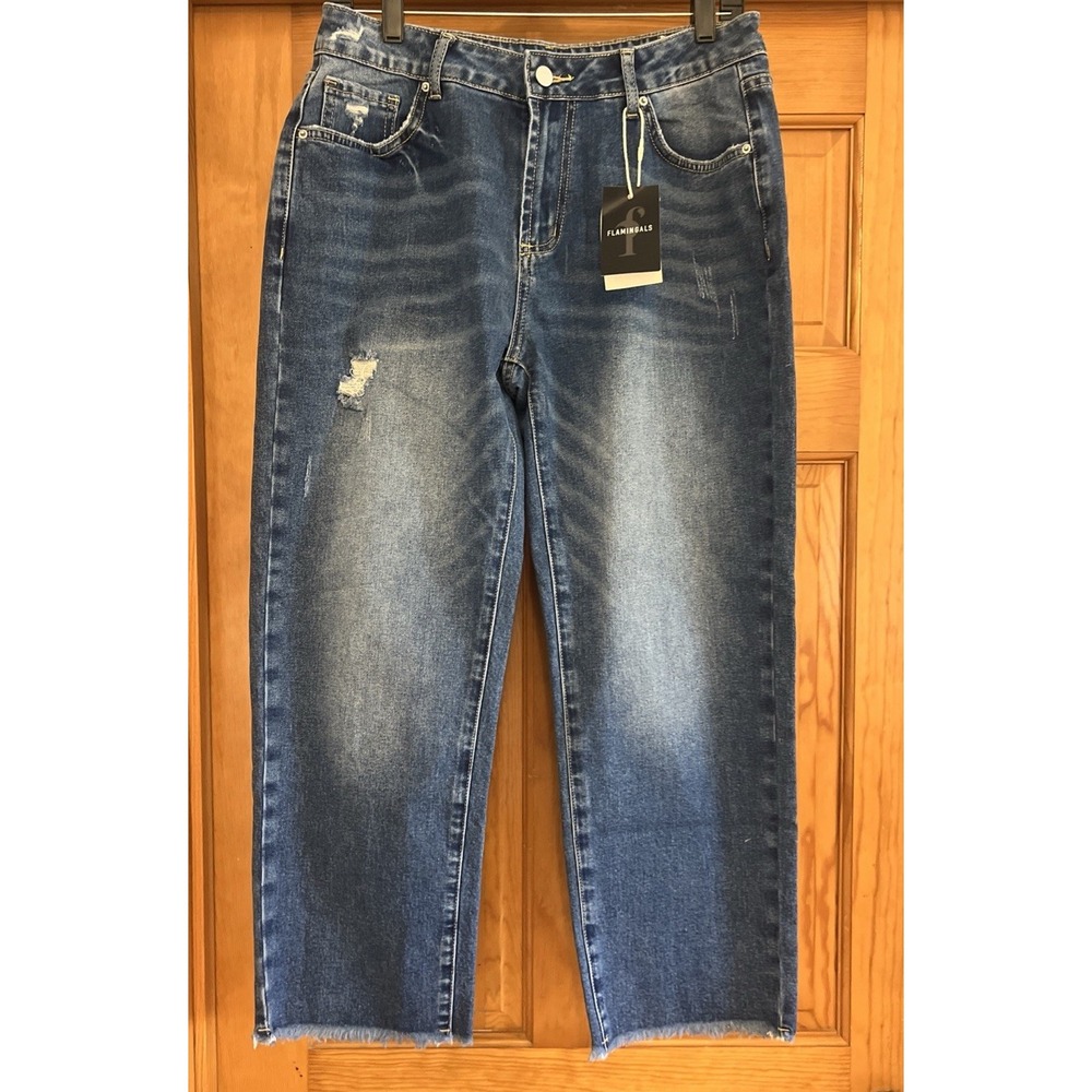 Flamingals Women's Straight Leg Crop Jeans SZ Large Distressed Raw Hem